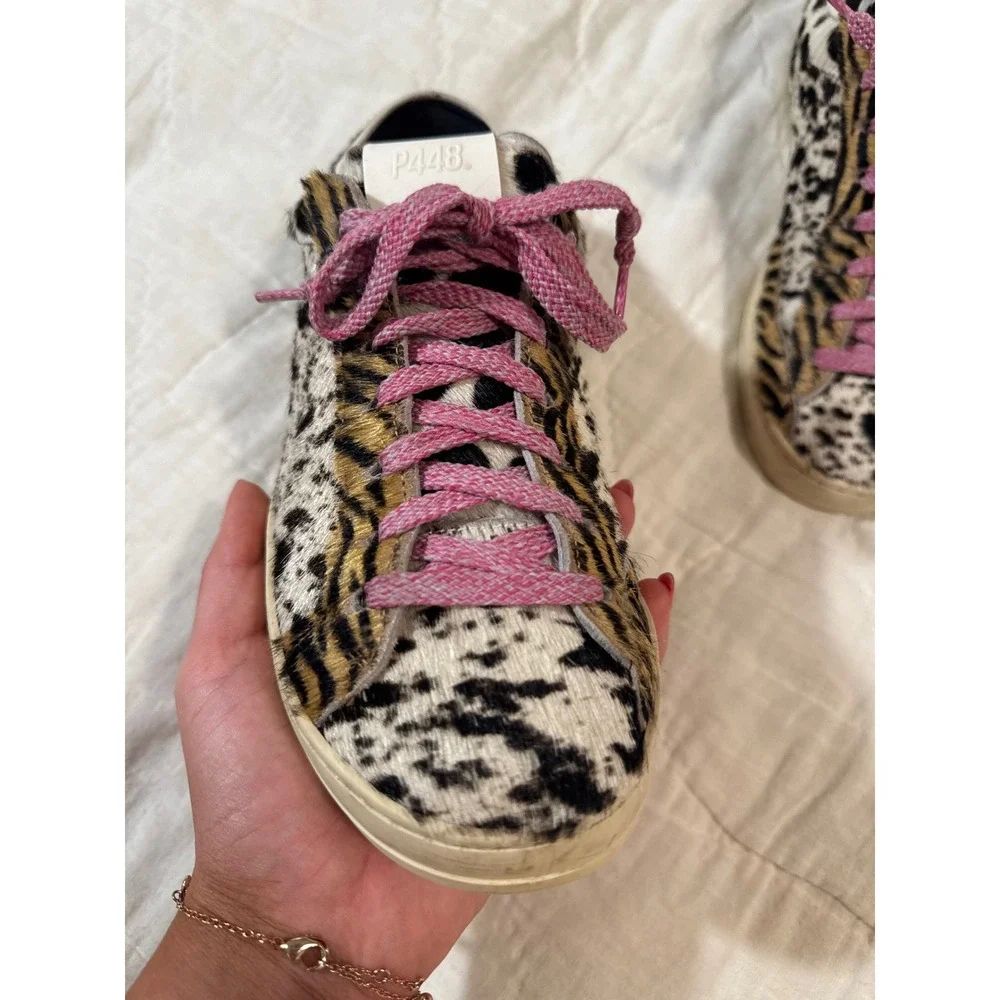 P448 John Animal Print Calf Hair Low Top Sneakers Multi Pattern Pink Laces 38
